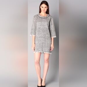 IRO Birnie Fringe Mini Dress Boucle Tweed Black White Size 36